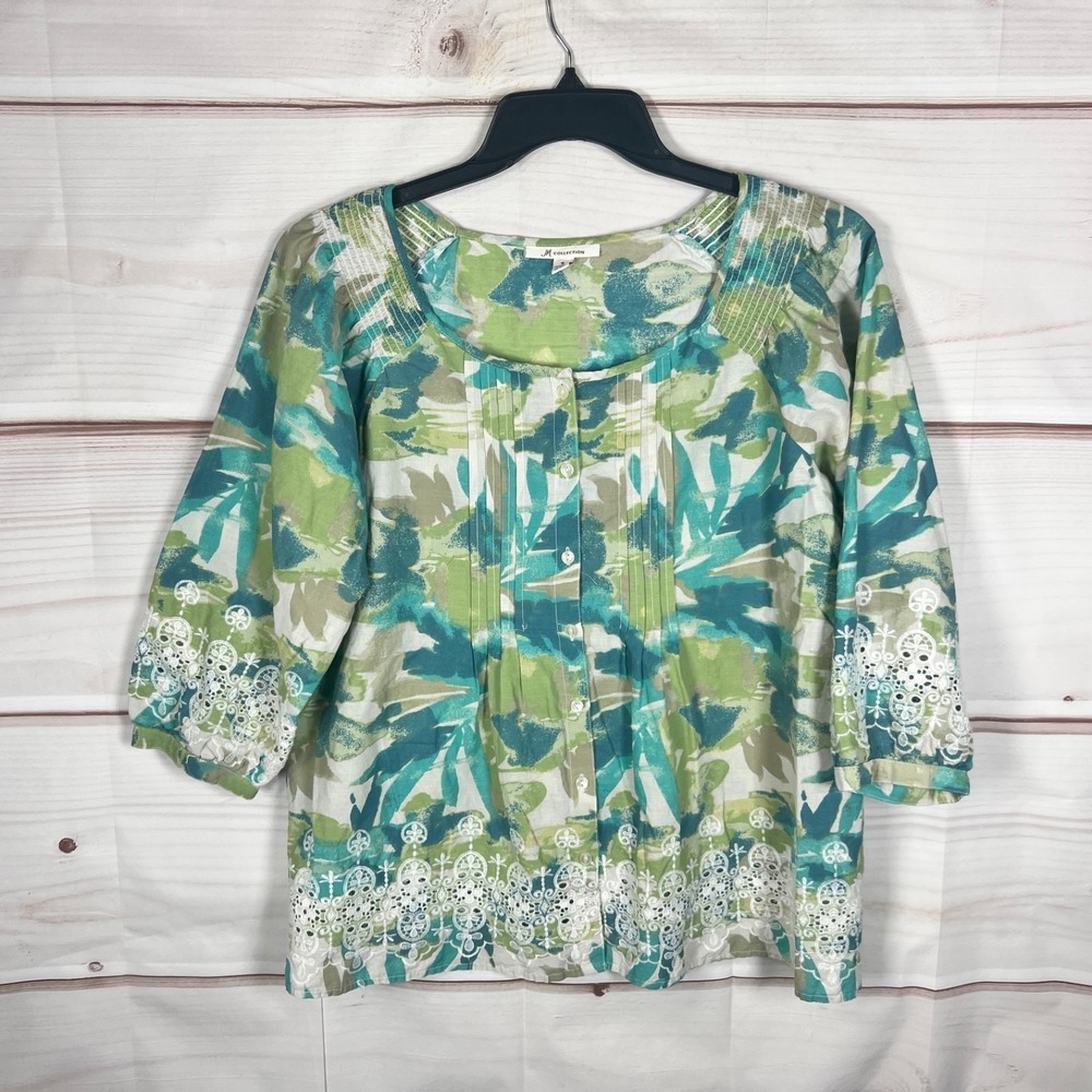 JM Collection Top Womens Size 14 Green Floral Cotton Blouse Button Up Lace Trim